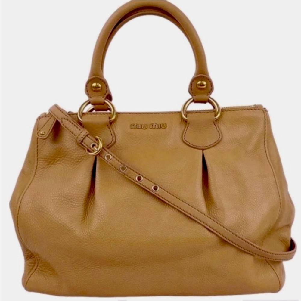 MIU MIU Brown Pebbled Leather Double Zip Tote
